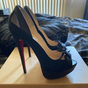 Christian Louboutin black Linen Peep Toe w/ bow